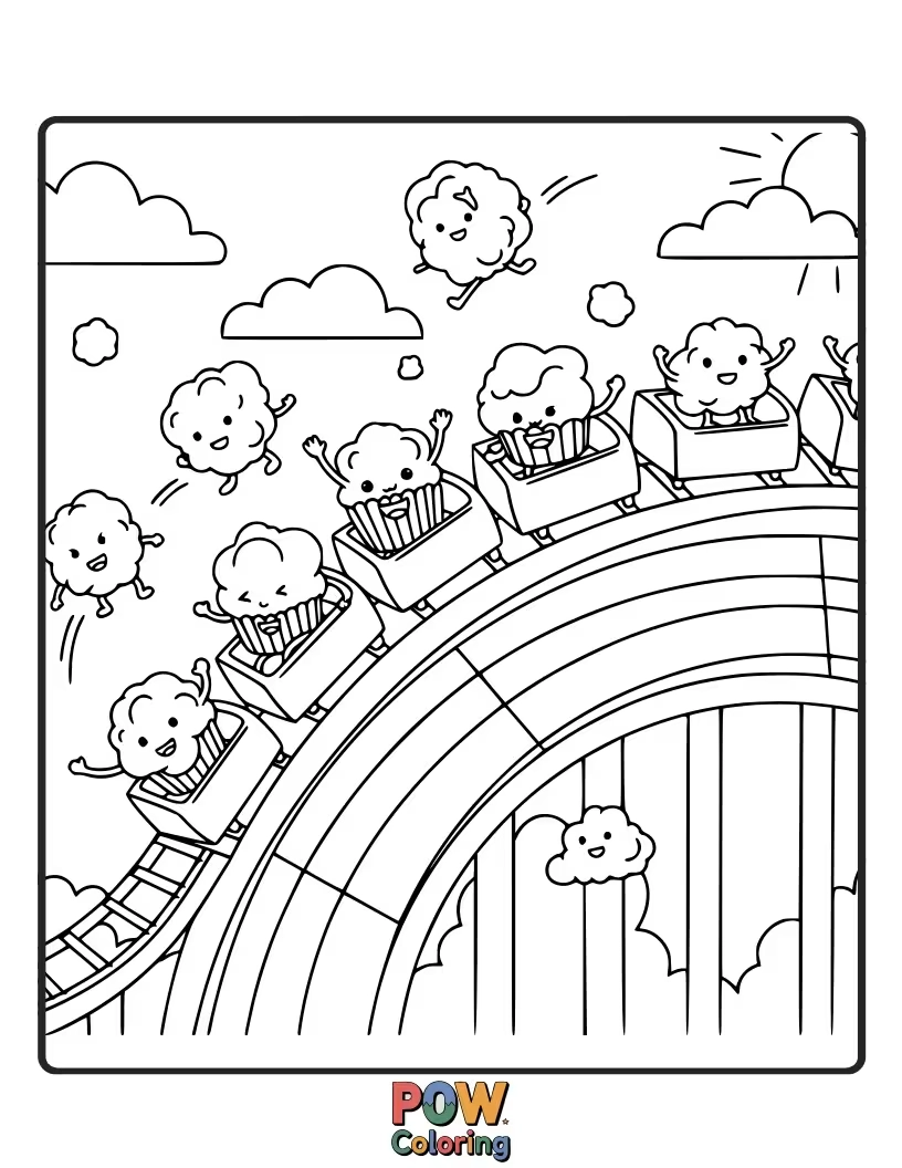 Free coloring page of A cheerful popcorn kernel sliding down a vibrant rainbow, surrounded by fluffy clouds and happy sprinkles.