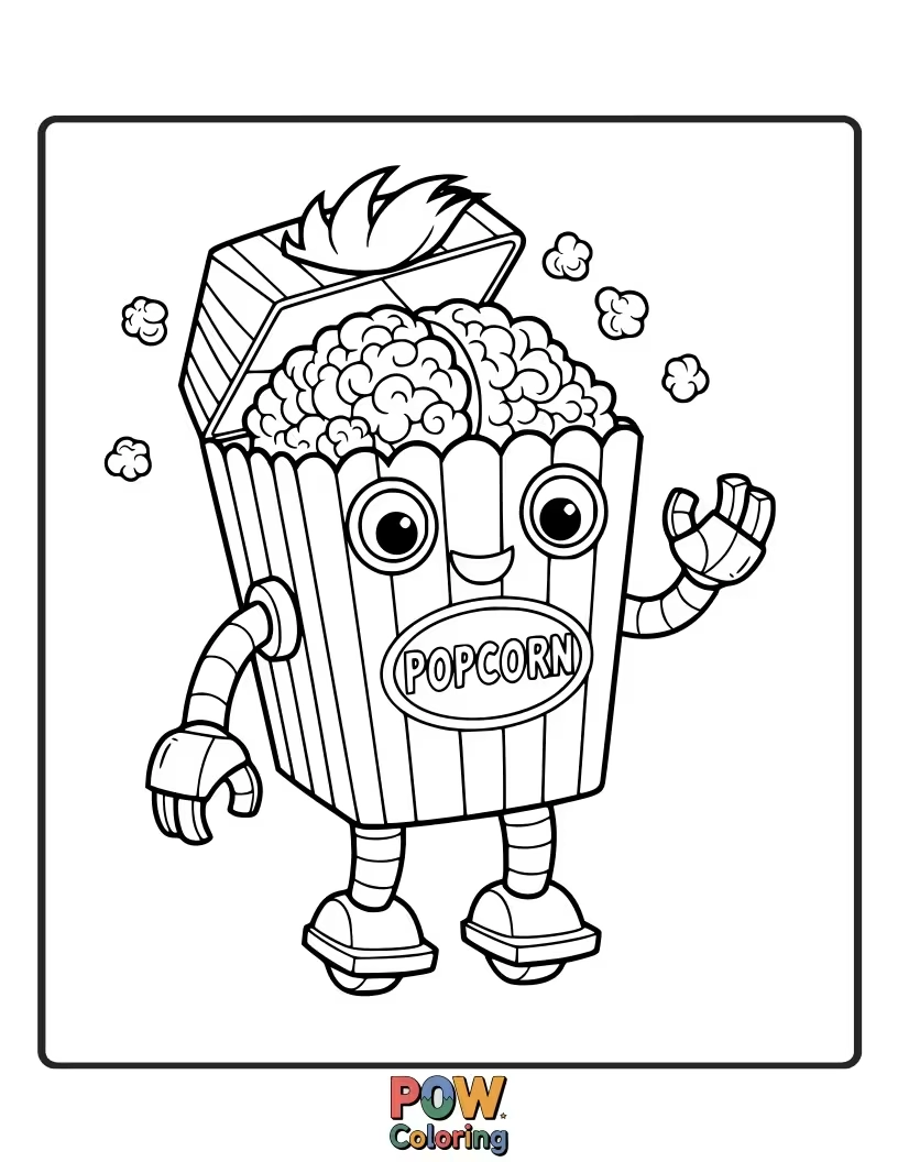 Free coloring page of A friendly, clunky robot made of popcorn kernels, offering a helping hand with a cheerful grin.