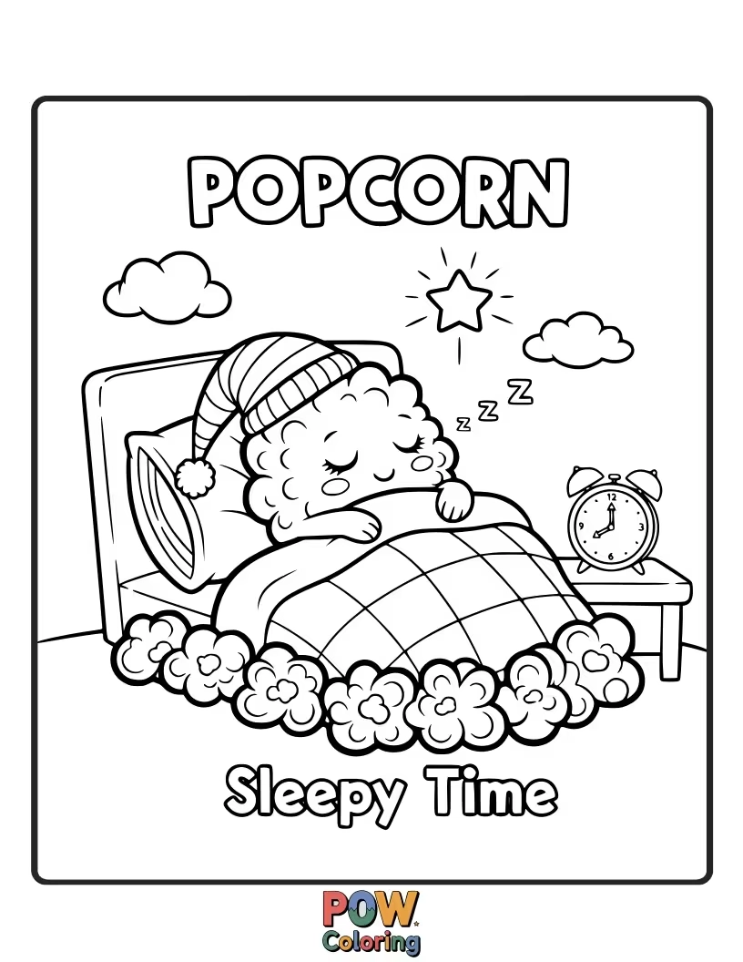 Free coloring page of A cozy popcorn kernel tucked into a fluffy cloud bed, dreaming sweet, buttery dreams under a moon.