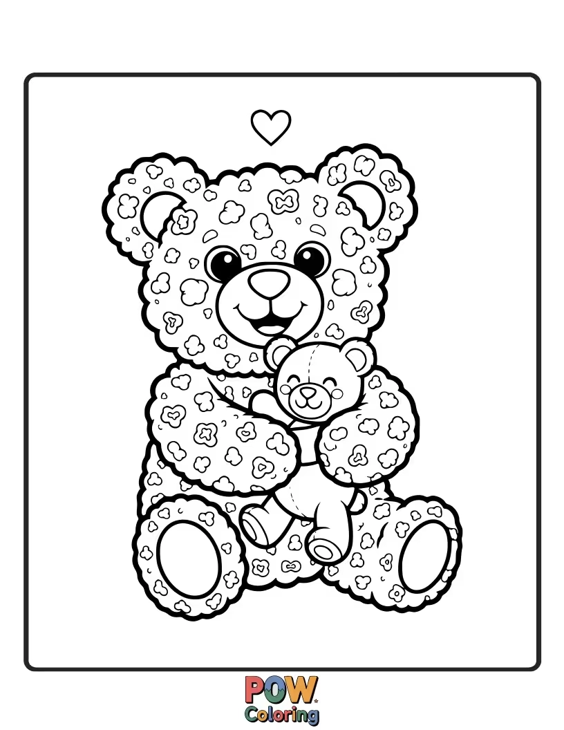 Free coloring page of A sweet popcorn kernel giving a giant teddy bear a warm, buttery hug, full of affection.