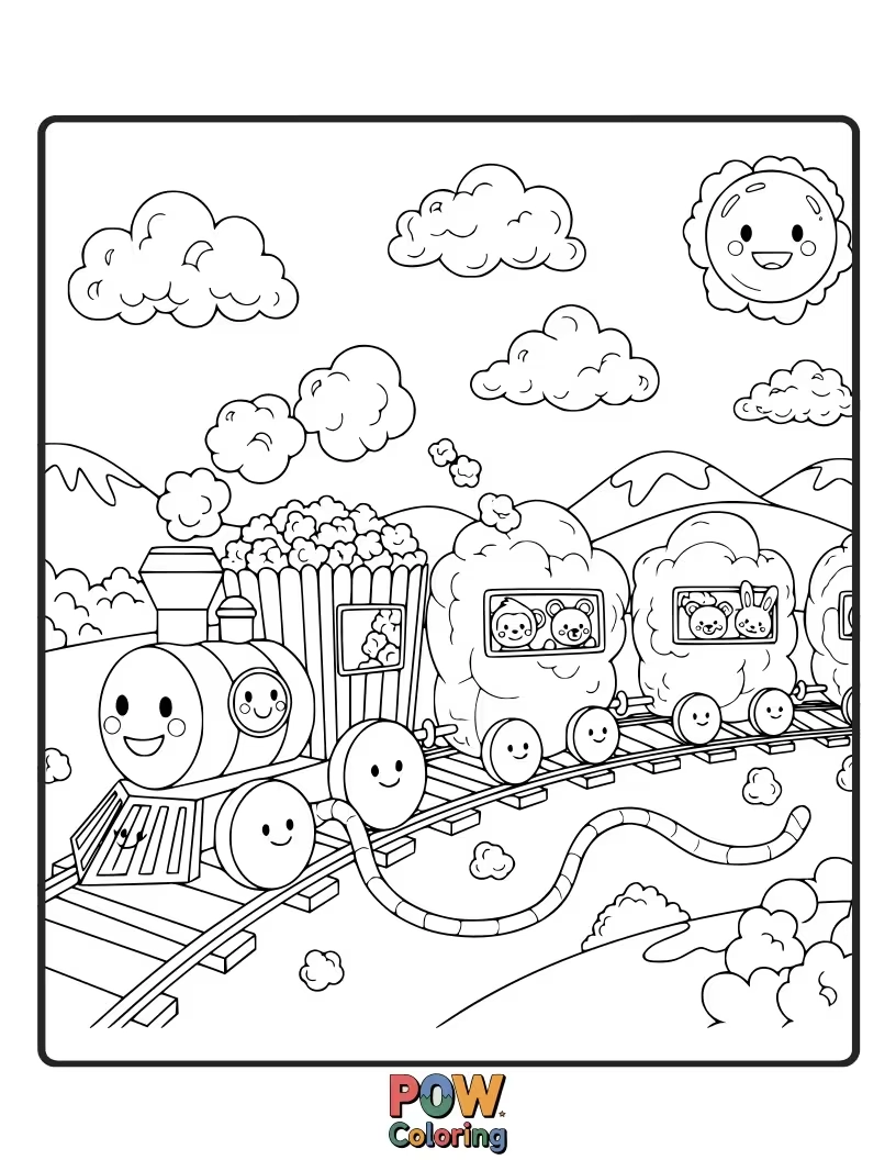 Free coloring page of A chugging popcorn train, shaped like a kernel, chugs along a track, carrying happy popcorn passengers.