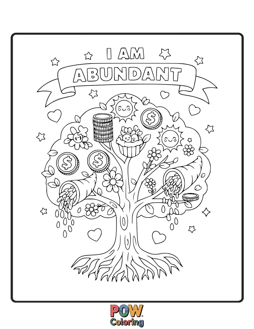 Free coloring page of A cornucopia overflowing with delicious treats and sparkling gems, celebrating plentiful blessings.