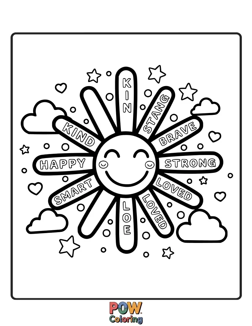 Free coloring page of A smiling sun peeking from behind fluffy clouds, filling your world with warmth and light.