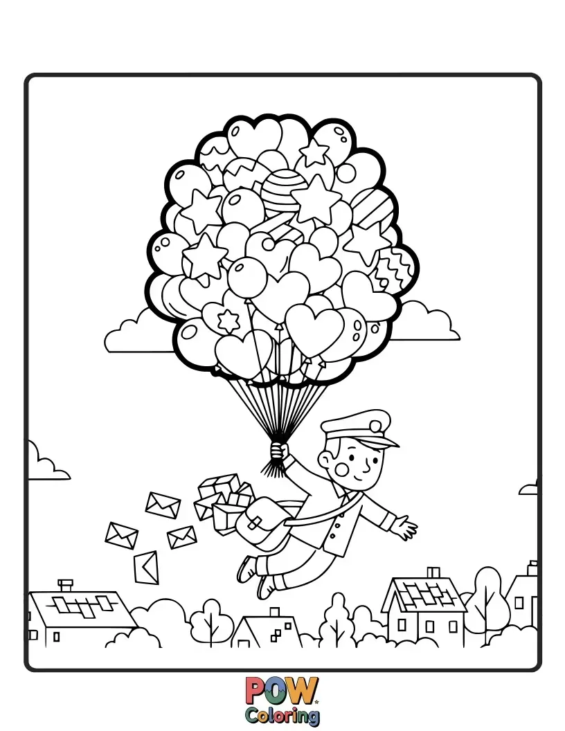 Free coloring page of A cheerful postman carries a bouquet of balloons, each tied to a letter or small package.