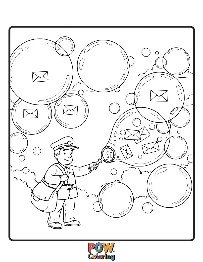 Free coloring page of A playful postman blows giant, shimmering bubbles that carry letters and packages to their destinations.