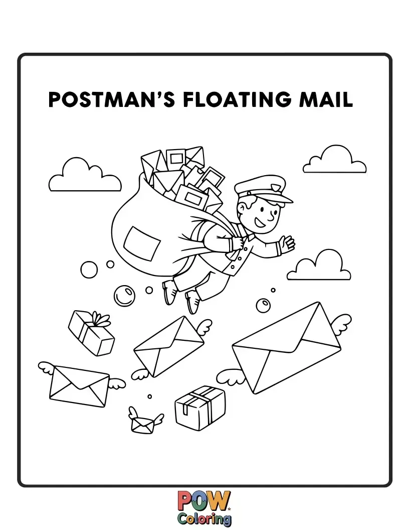 Free coloring page of A whimsical postman uses balloons to float his mailbag across a whimsical town, waving to smiling houses below.