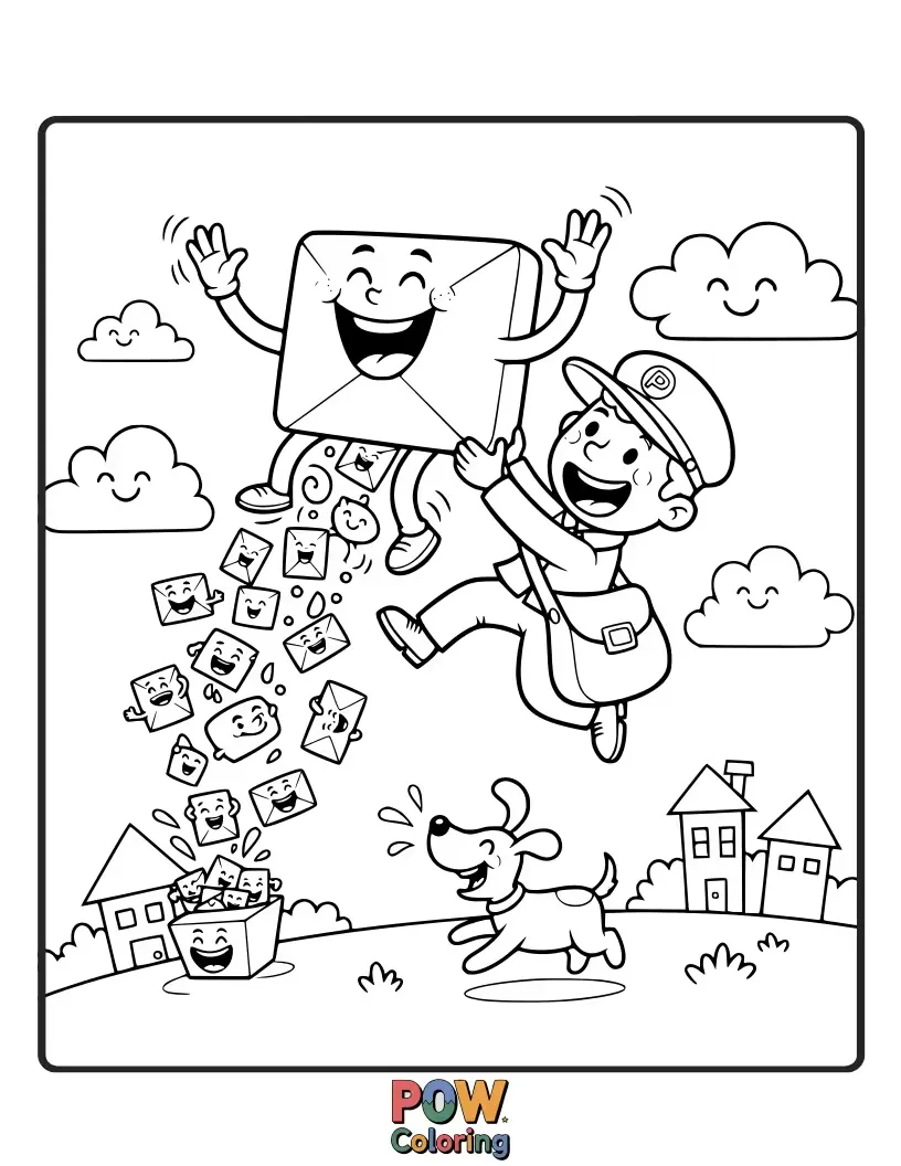Free coloring page of A giggling postman juggles letters and packages, with tiny laughing emojis floating around him.