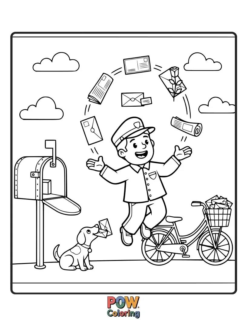 Free coloring page of A funny postman performs a juggling act with letters, packages, and a bouncing mailbox.