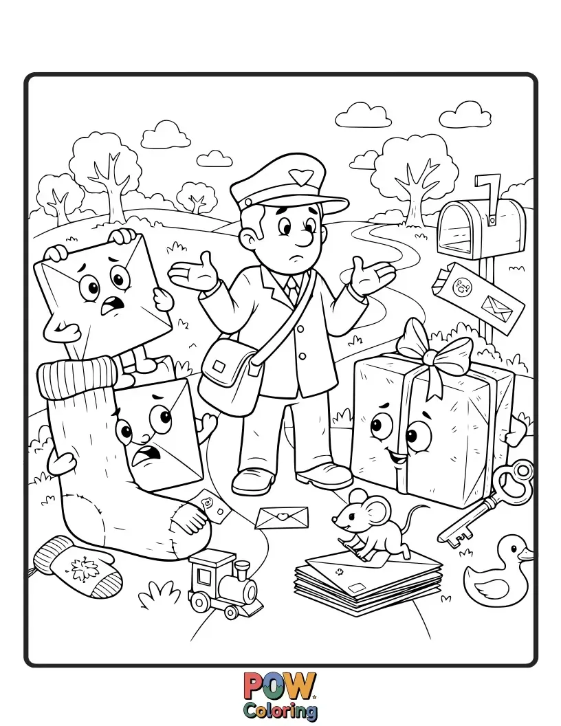Free coloring page of A kind postman happily reunites lost letters with their rightful owners, a heartwarming scene.