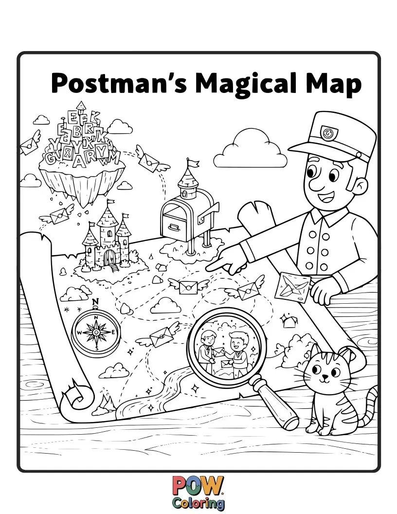 Free coloring page of A clever postman uses a magical, ever-changing map to find even the most hidden addresses.