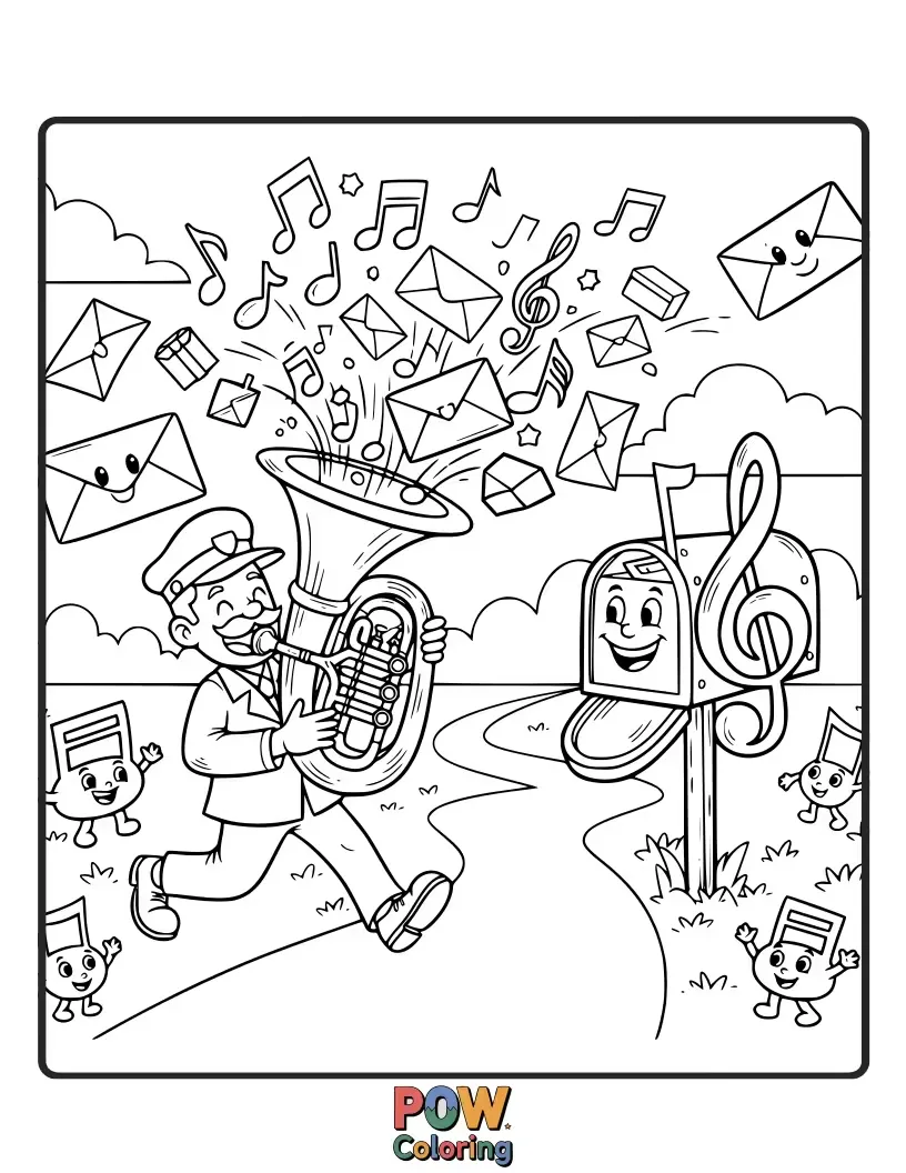 Free coloring page of A melodious postman plays a tiny trumpet as he delivers musical notes and song-filled letters.