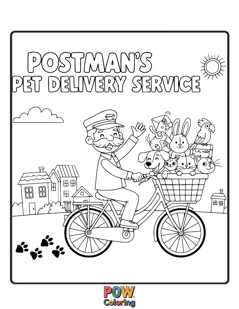 Free coloring page of A postman delivers adorable puppies and kittens, each with a tiny mailbag around their neck.