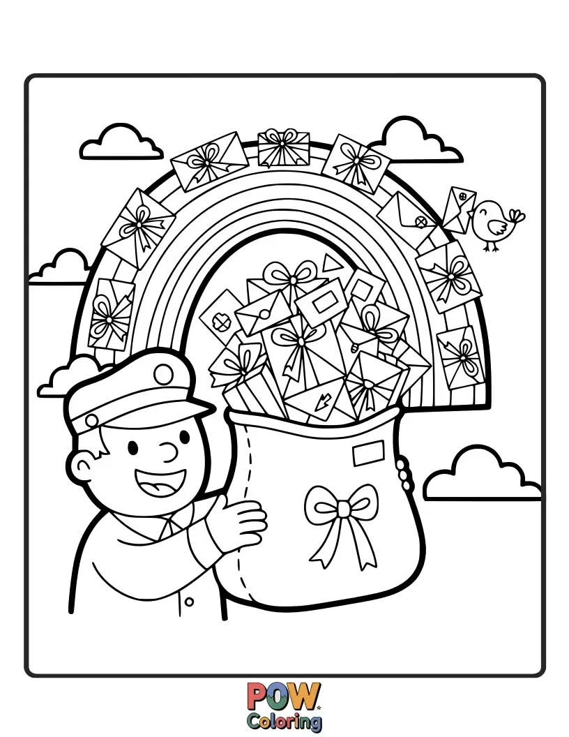 Free coloring page of A joyful postman carries a magical mailbag that sparkles with rainbow colors, filled with letters and packages.