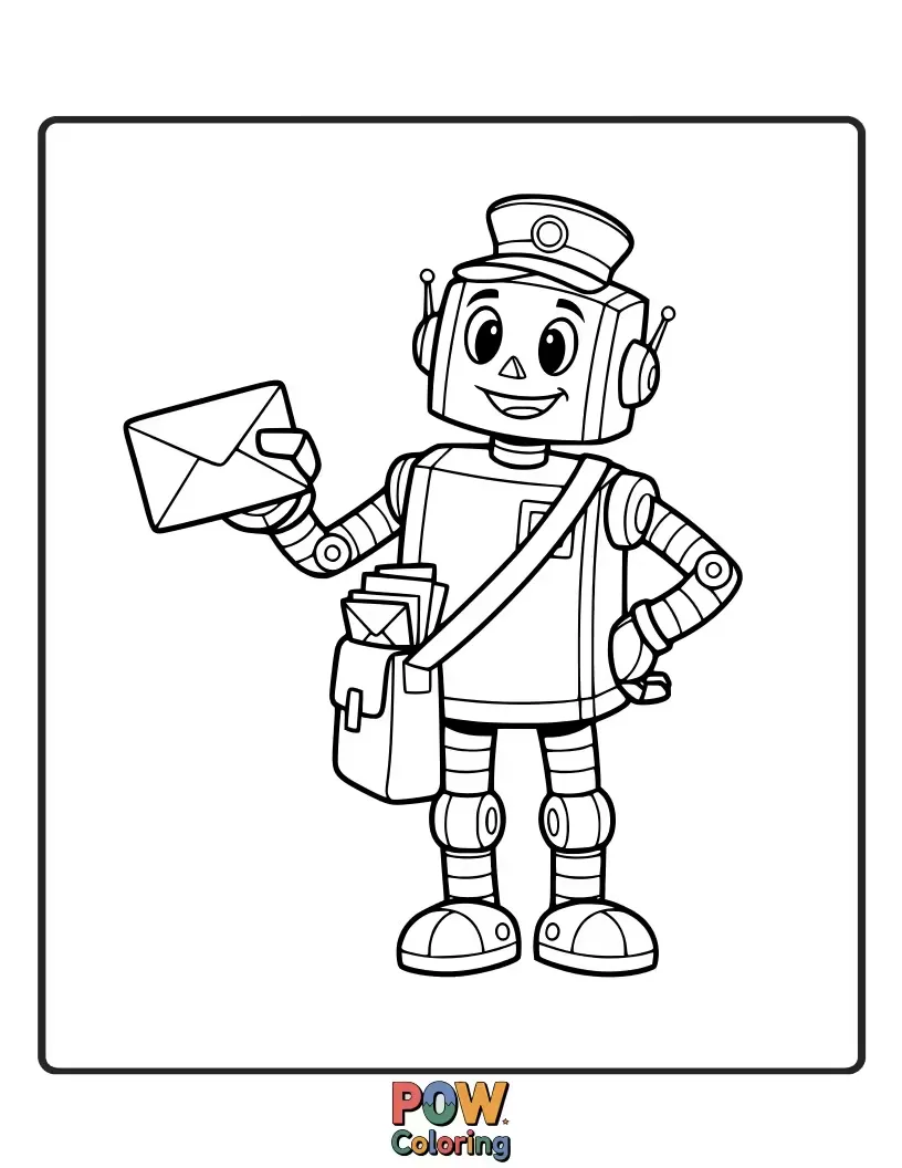 Free coloring page of A quirky postman has a helpful, slightly clumsy robot assistant that sorts and delivers mail with whirring gears.