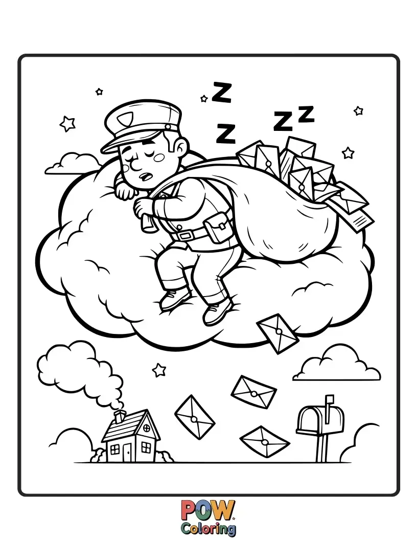 Free coloring page of A very tired postman, with bags under his eyes, accidentally delivers a sock instead of a letter to a surprised cat.