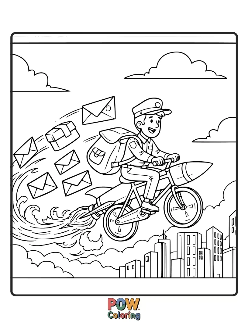 Free coloring page of A cheerful postman on a rocket-powered scooter zips through the sky, delivering letters with a grin. A whimsical, energetic scene.