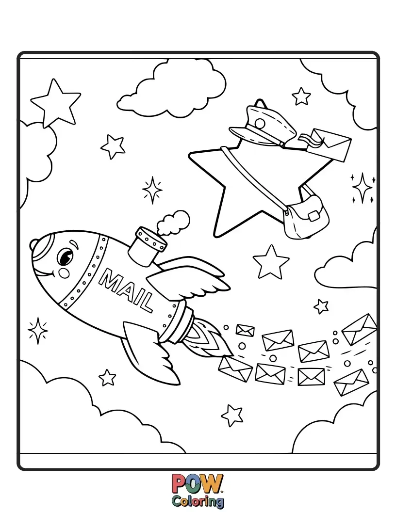 Free coloring page of A dreamy postman collects stardust mail from a friendly moon, delivering glowing letters to sleeping children.