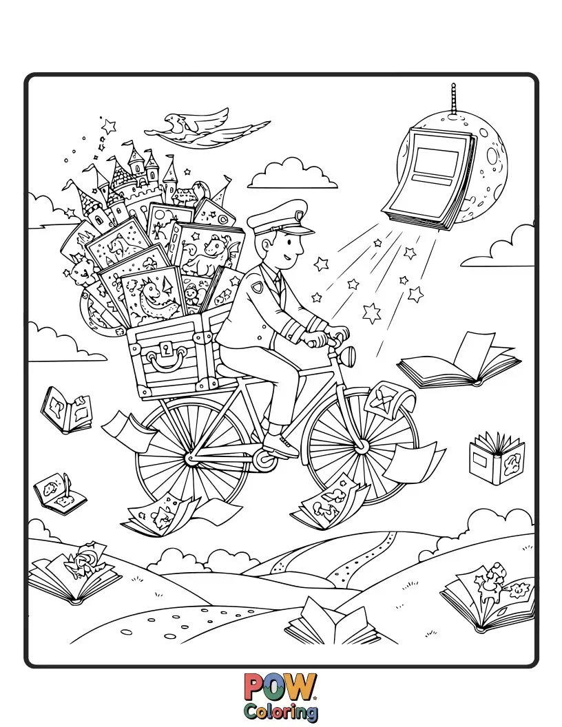 Free coloring page of A whimsical postman, dressed as a fairy tale character, delivers letters that magically transform into stories.