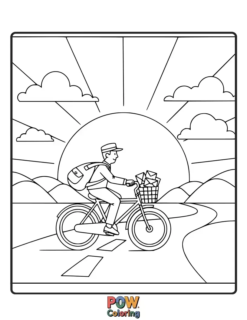 Free coloring page of A serene postman delivers a final, glowing letter as the sun sets, casting beautiful orange hues.