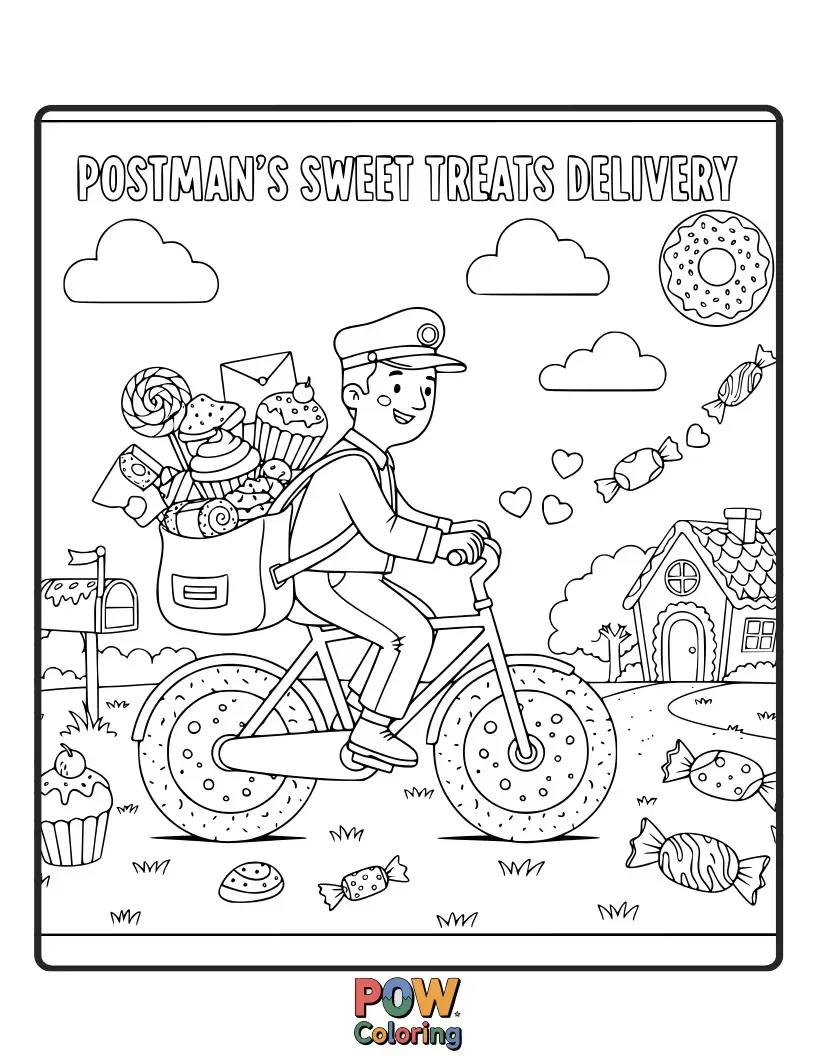Free coloring page of A delightful postman carries a mailbag overflowing with colorful candies and cookies, ready to share.