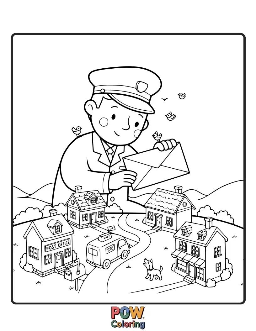 Free coloring page of A gentle postman carefully navigates a miniature town, delivering mail to houses no bigger than a thimble.