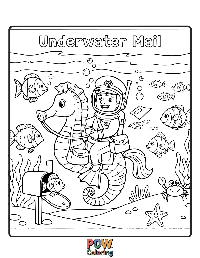 Free coloring page of A brave postman in a diving helmet delivers waterproof letters to friendly fish in a vibrant coral reef.