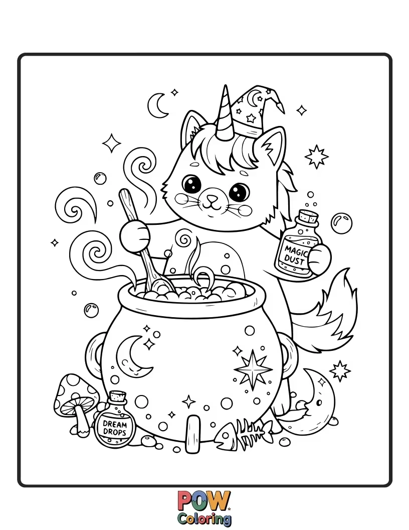 Free coloring page of A studious unicorn cat with spectacles, carefully stirring a bubbling potion in a cauldron, surrounded by enchanted herbs.