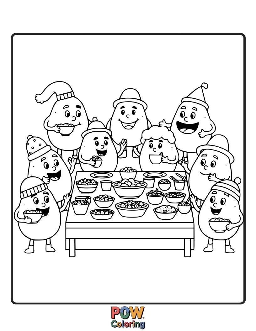 Free coloring page of A gathering of smiley potatoes dressed up for a fun potluck party, each with a unique accessory.
