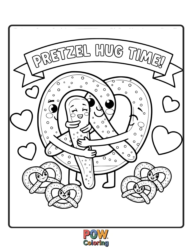 Free coloring page of A plump pretzel giving a sweet, gentle hug. Perfect for a heartwarming and adorable coloring session.