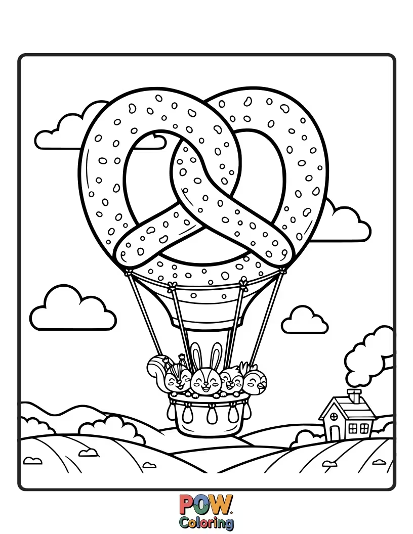 Free coloring page of A pretzel joyfully flying a colorful kite high in the sky. Experience the freedom and fun of the breeze.