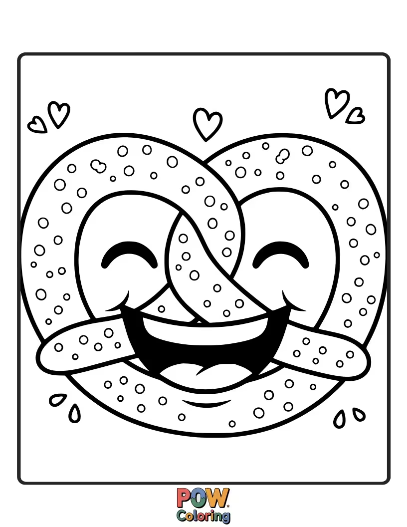Free coloring page of A large, friendly pretzel with an exaggerated, joyful smile. A super cute and easy coloring design.