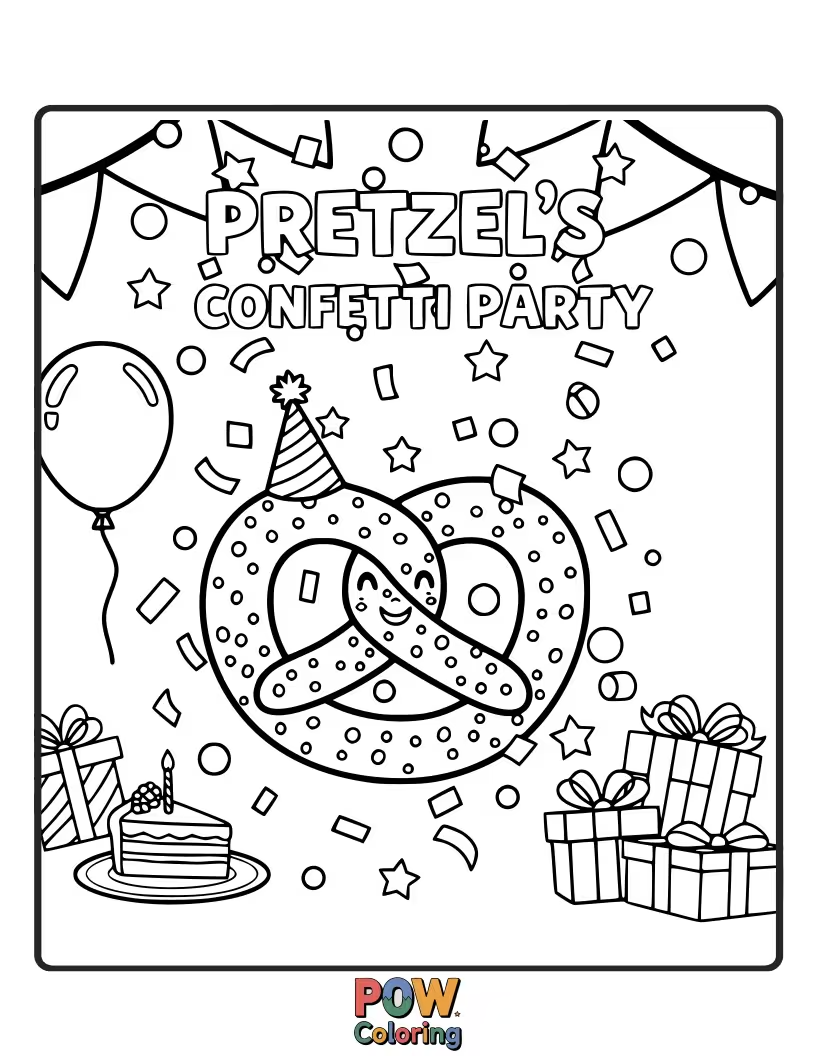 Free coloring page of A pretzel happily amidst a shower of colorful confetti. A festive and celebratory coloring page.