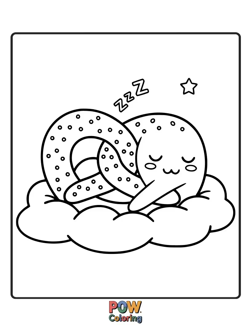 Free coloring page of A pretzel curled up and fast asleep on a soft pillow. This sweet scene invites peaceful coloring.