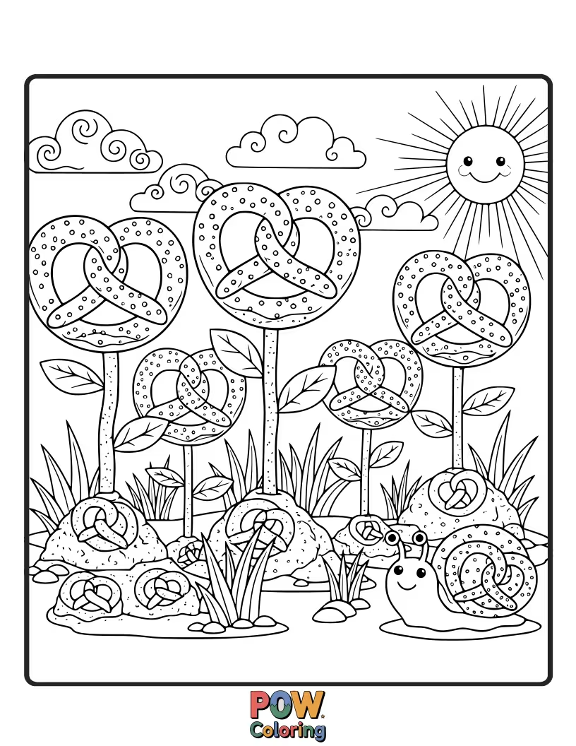 Free coloring page of A pretzel surrounded by delicate flowers and green leaves. A beautiful and natural scene to color.