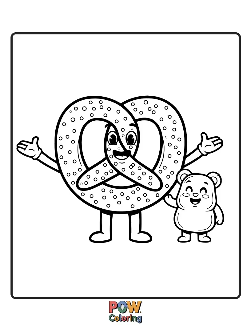 Free coloring page of A pretzel playing with a small, colorful gummy bear. A fun and sweet friendship theme.
