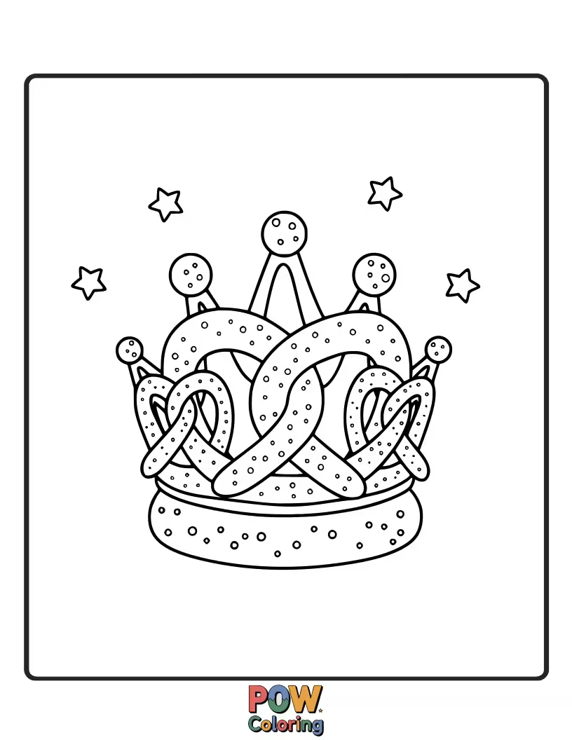 Free coloring page of A pretzel proudly wearing a tiny, sparkly crown. Imagine a royal and majestic coloring creation.