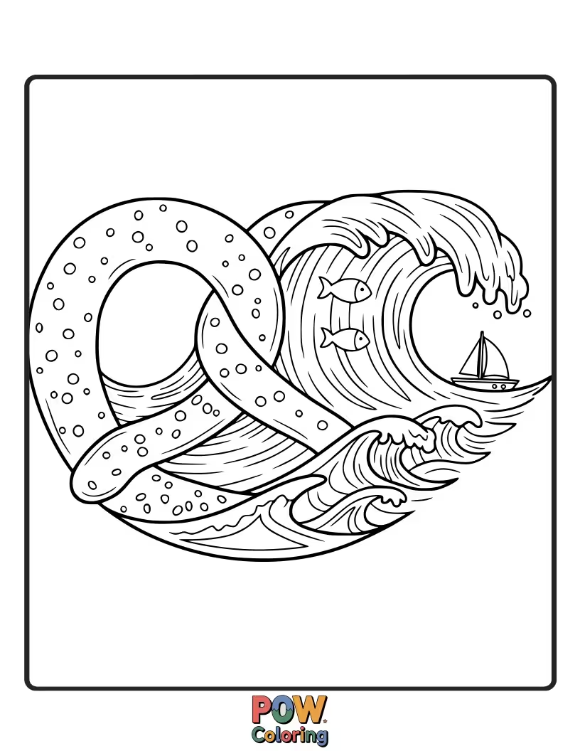 Free coloring page of A pretzel surfing a gentle ocean wave. An exciting and dynamic scene with cool blues and greens.
