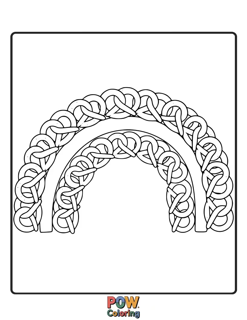 Free coloring page of A pretzel forming a perfect arch under a vibrant rainbow. A classic and cheerful coloring design.