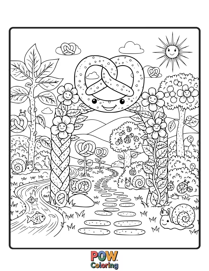 Free coloring page of A pretzel peeking out from behind lush, oversized leaves. A mysterious and beautiful discovery.