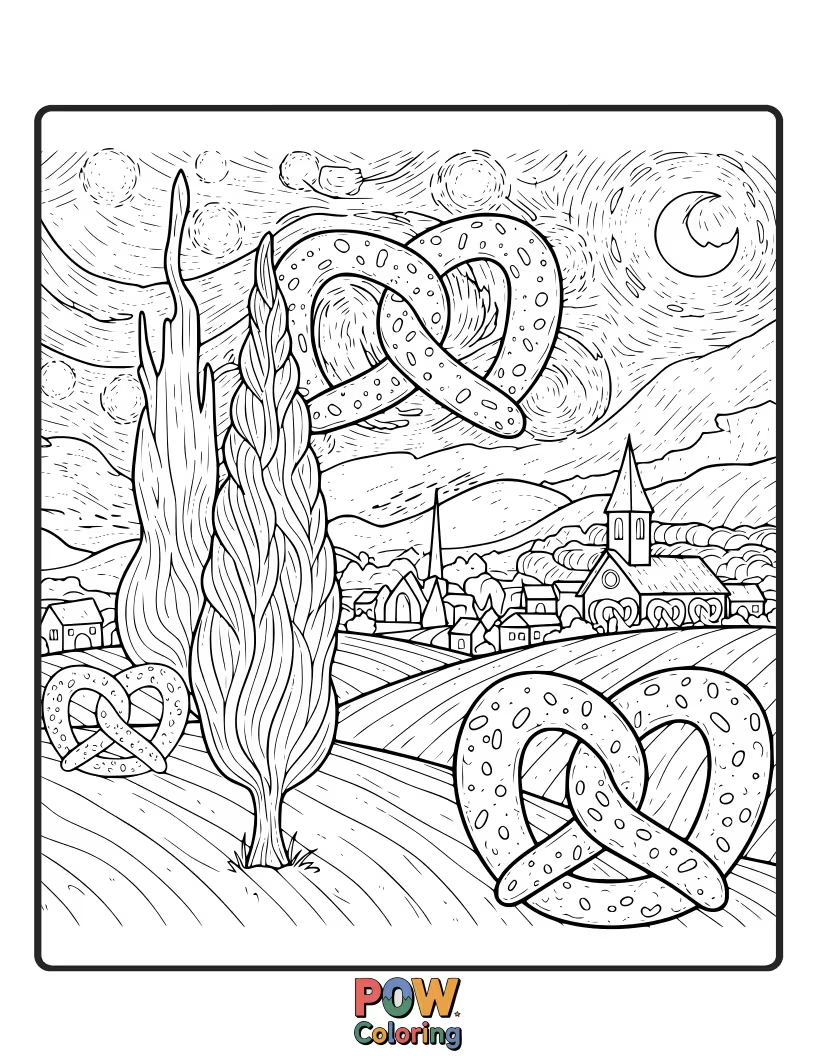 Free coloring page of A pretzel gazing up at a sky full of twinkling stars. A magical and dreamy coloring experience.