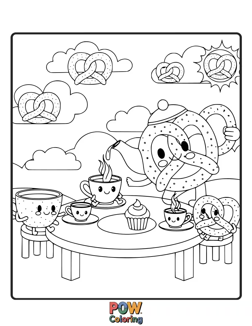 Free coloring page of A pretzel sitting at a miniature table, ready for a delightful tea party. Whimsical and charming.