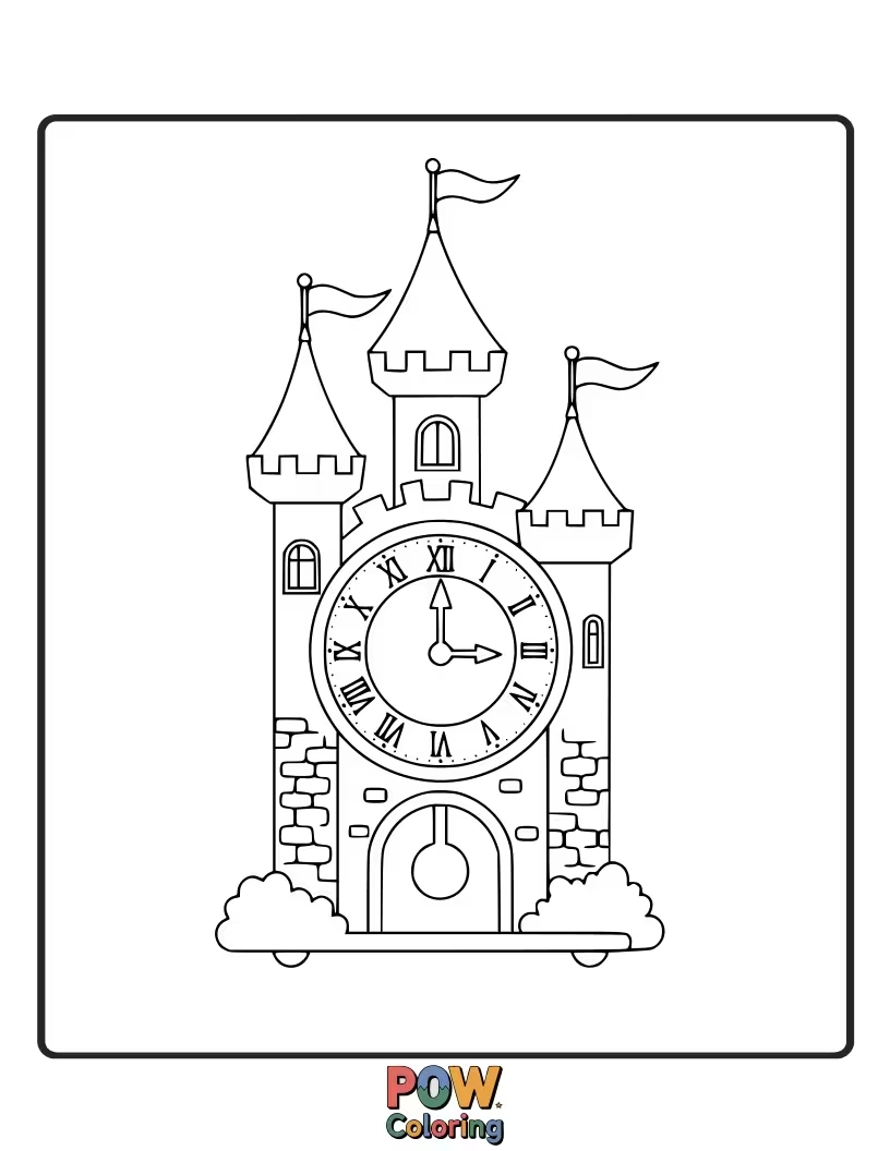Free coloring page of A regal clock with a miniature castle and turrets incorporated into the design for royalty.