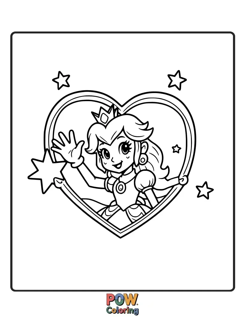 Free coloring page of Princess Peach waving with both hands from a heart-shaped window.