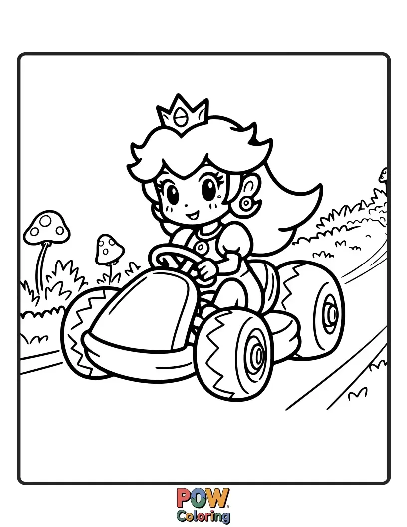 Free coloring page of An adorable Princess Peach leading the race on a simple winding track.