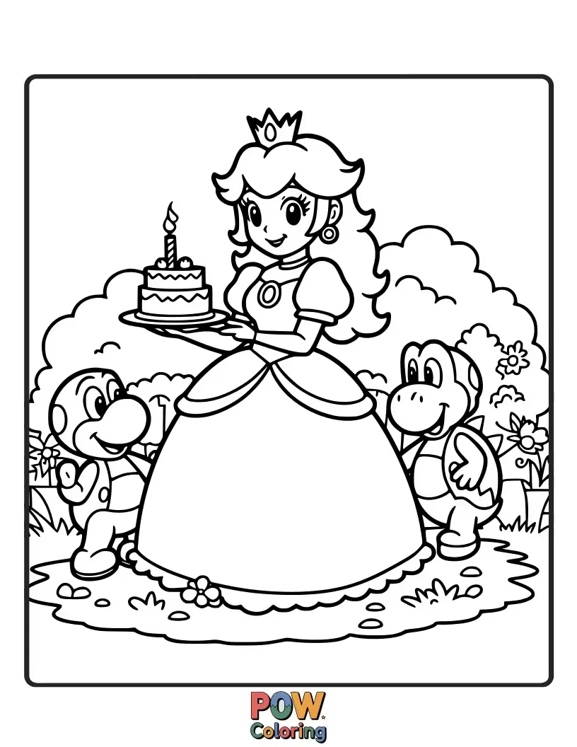 Free coloring page of Princess Peach stands next to a table filled with cupcakes.