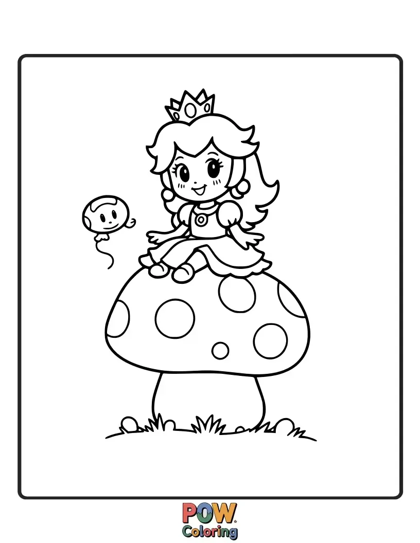 Free coloring page of An adorable Princess Peach sitting on a large mushroom.