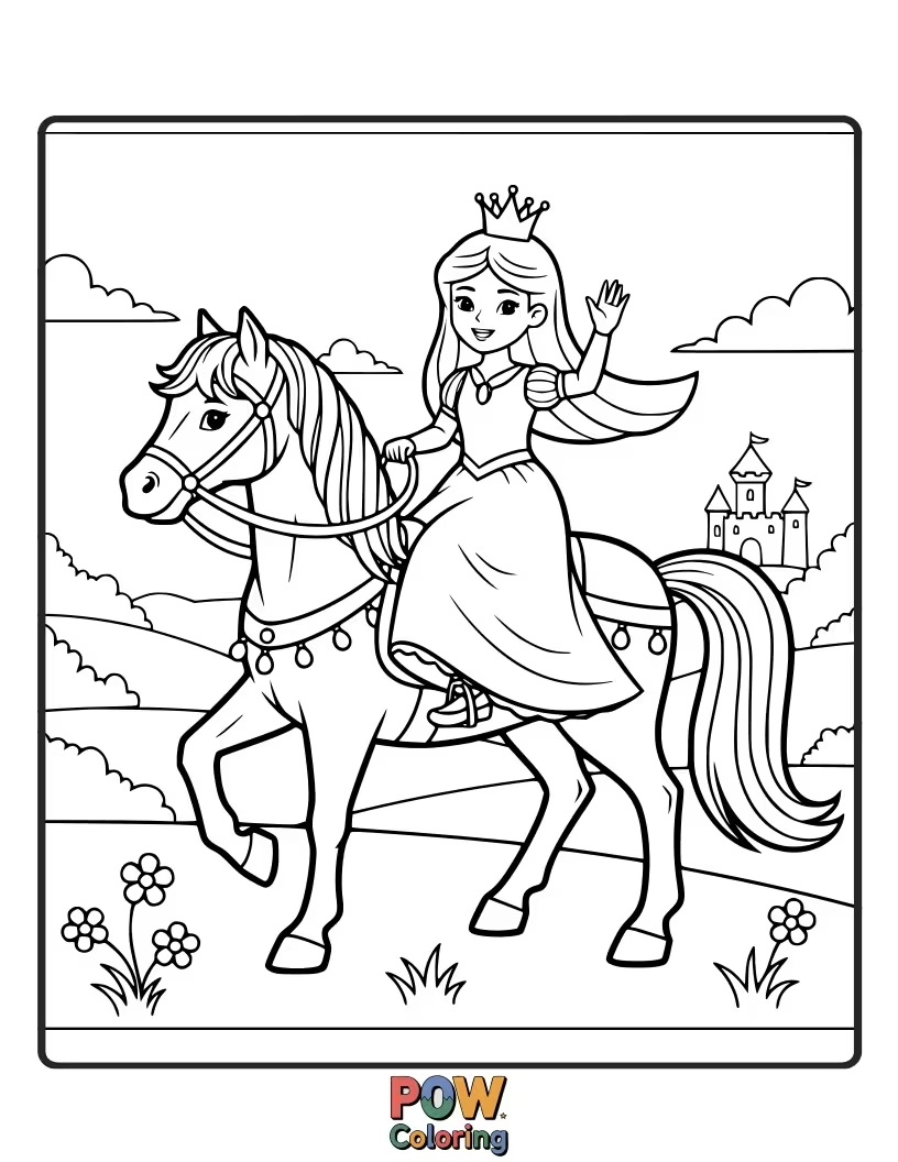 Free coloring page of A spirited princess riding a majestic white horse through a scenic landscape.