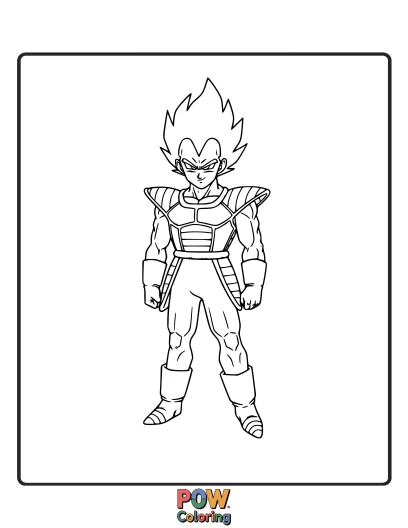 Free coloring page of Vegeta standing tall with crossed arms, looking proud.