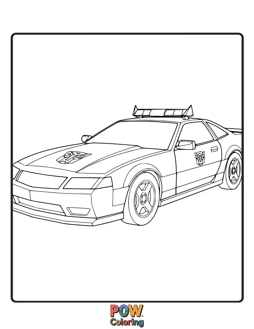 Free coloring page of Prowl in his sleek police car alternate mode, lines outlining his vehicle form for realistic coloring.