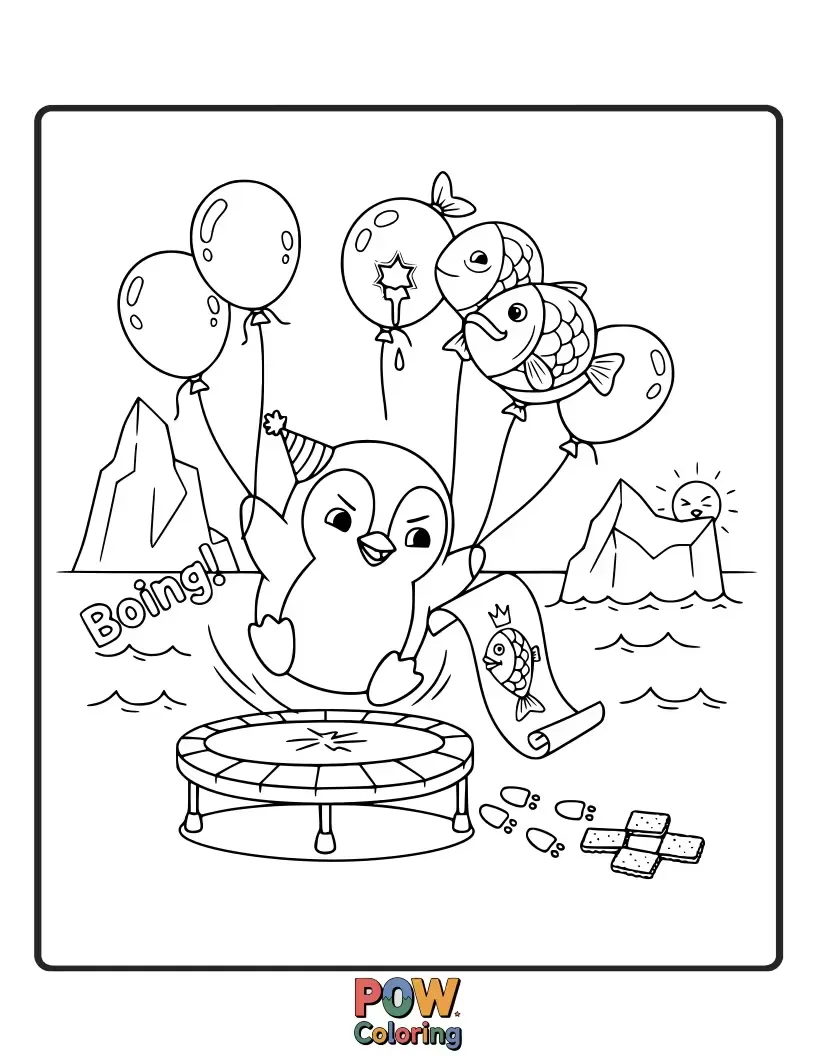 Free coloring page of A dapper penguin in a tiny goalie mask playfully guarding a giant, oversized puck. Lots of cute details to color!